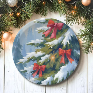 Red Bow Christmas Tree Watercolor Painting Paper Plates