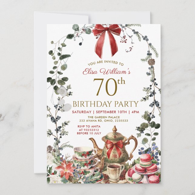 Red Bow Christmas Woman 70th Birthday Tea Party Invitation (Front)