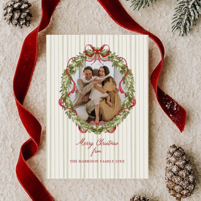Red Bow Christmas Wreath Photo  Holiday Card (Creator Uploaded)