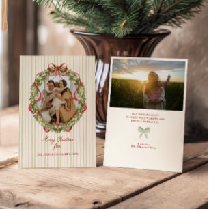 Red Bow Christmas Wreath Photo Holiday Card