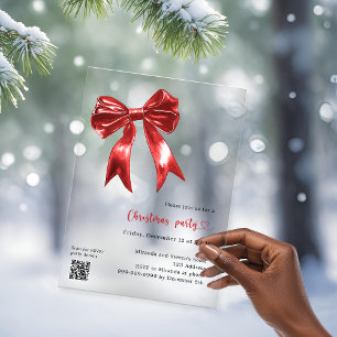 Red bow clear QR code Christmas Party Acrylic Invitations