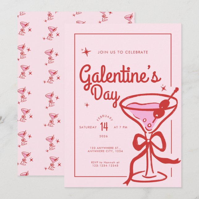 Red Bow Cocktail Galentine's Day Invitation (Front/Back)