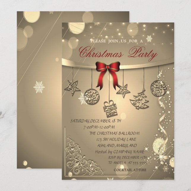Red Bow,Confetti,Balls Company Christmas Party Invitation (Front/Back)