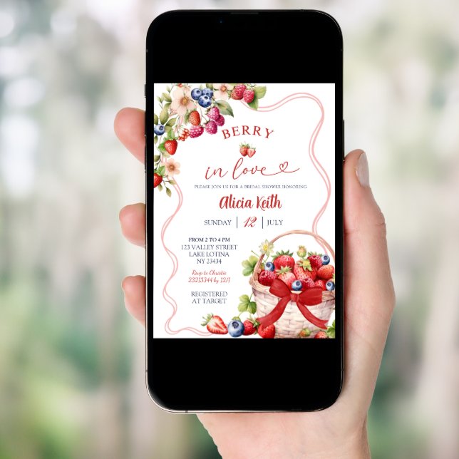 Red Bow Coquette Berry in Love Bridal Shower Invitation (Front Digital)