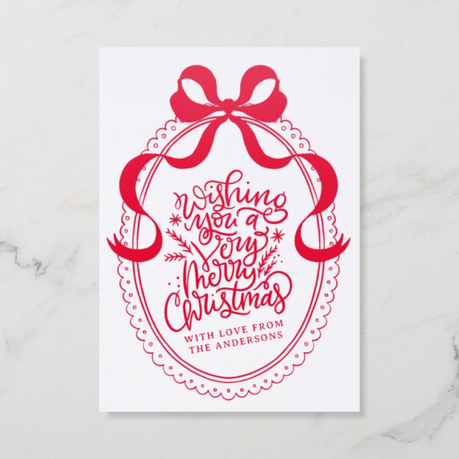 Red Bow Coquette Christmas Wishes Letterpress Photo Cards (Front)