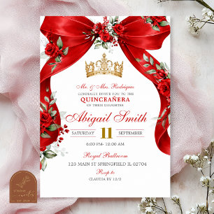 Red Bow Coquette Crown Floral Quinceanera Invitati Invitation