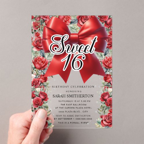 Red Bow Coquette Floral Vintage Sweet 16 Acrylic Invitations