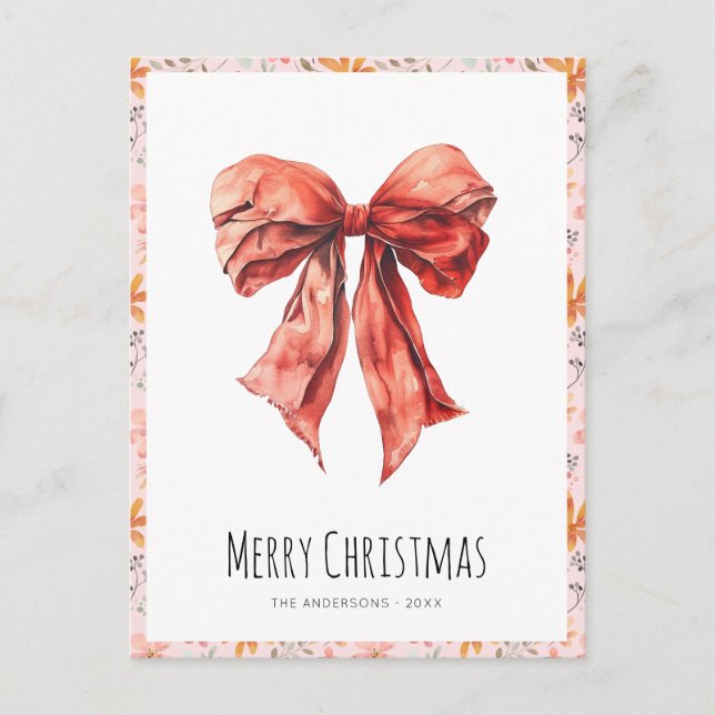 Red Bow Coquette Minimalist Christmas  Holiday Postcard (Front)