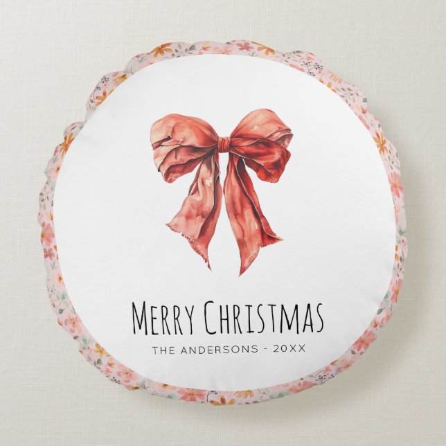 Red Bow Coquette Modern Floral Christmas  Round Pillow (Front)