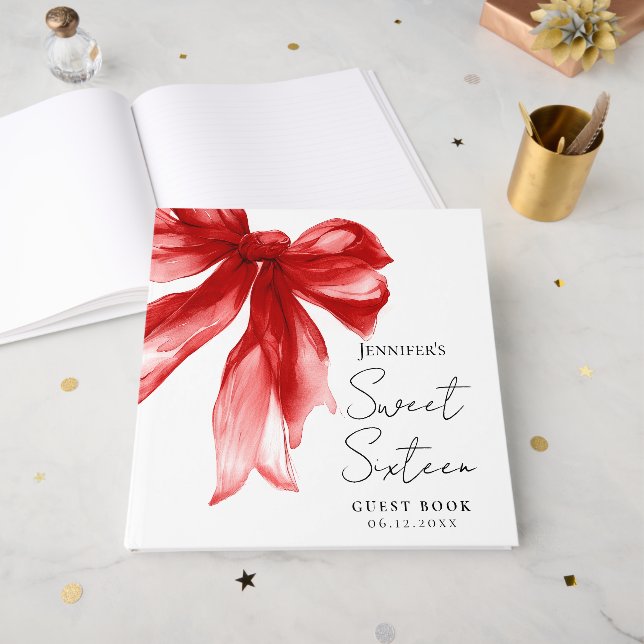 Red Bow Coquette Script Sweet 16 Party  Guest Book (Front Open)