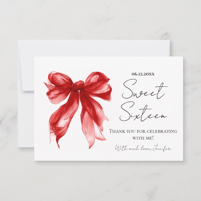 Red Bow Coquette Script Sweet 16 Thank You  Card (Front)