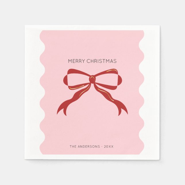 Red Bow Coquette Squiggly Borders Christmas  Napkins (Front)