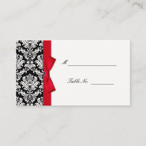 Customizable Red Bow Damask Wedding Placecards Business Cards