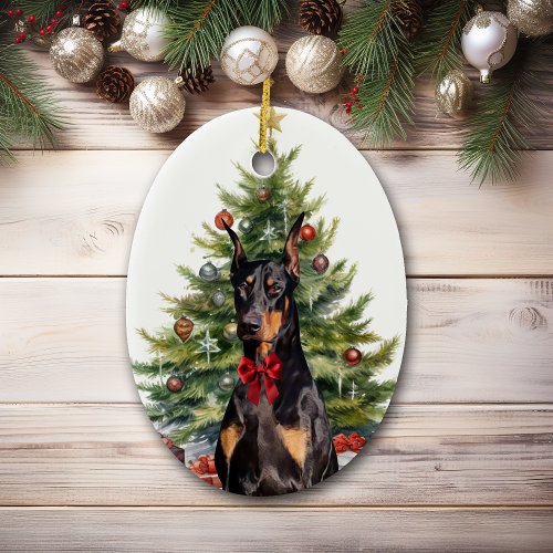 Red Bow Doberman Pinscher Dog Christmas Ceramic Ornament