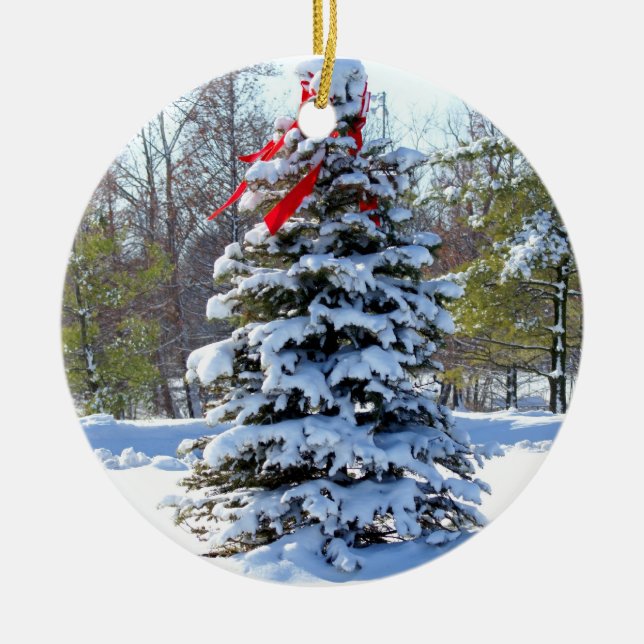 Red Bow Evergreen Ceramic Ornament (Front)