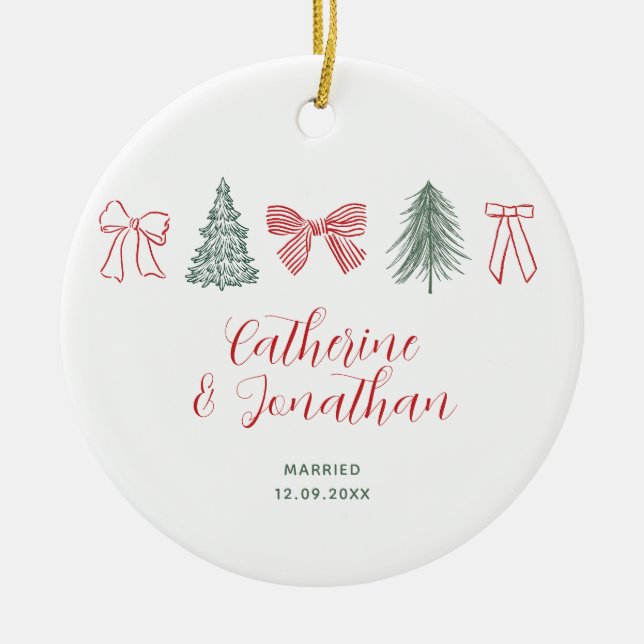 Red Bow & Evergreen Trees Couple Keepsake Ceramic Ornament (Front)