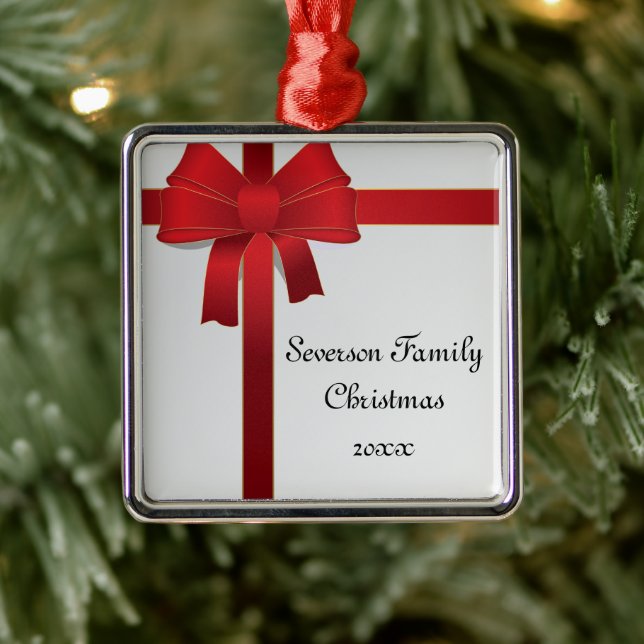 Red Bow Family Christmas Metal Ornament (Tree)