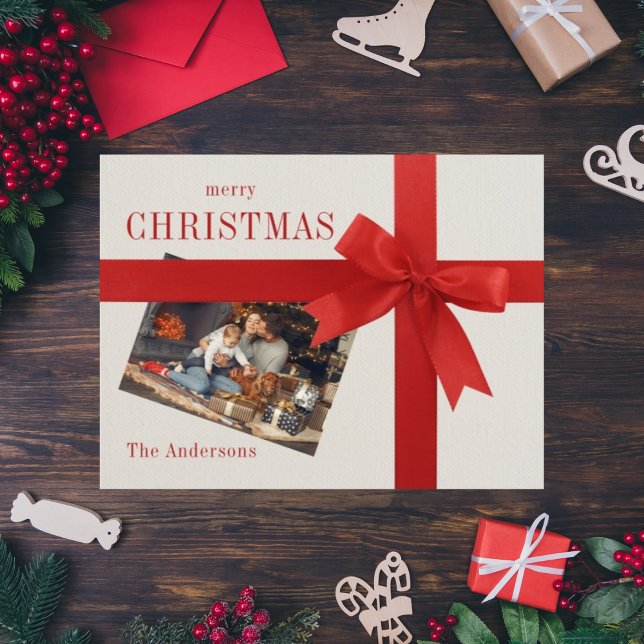 Red bow family photo holiday Christmas card  (Creator Uploaded)