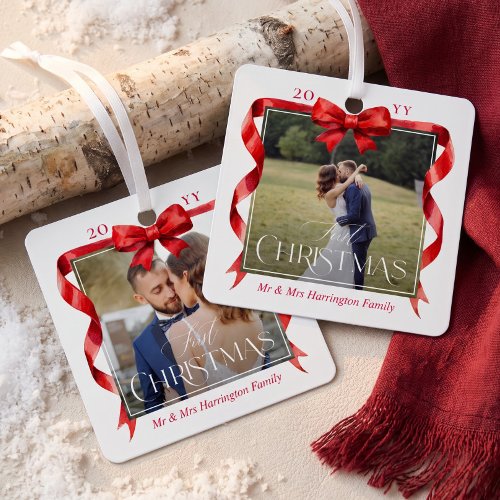 Red Bow First Christmas Married Photo Keepsake Metal Ornament