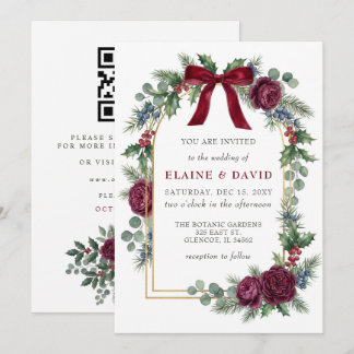 Red Bow Floral Arch Christmas Wedding QR Code Invitation