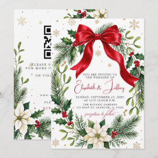 Red Bow Floral Christmas Wreath QR Code Wedding Invitation