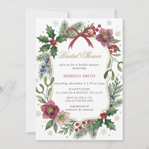 Red Bow Floral Winter Christmas Bridal Shower Invitation