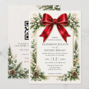 Red Bow Floral Winter Christmas QR Code Wedding Invitation