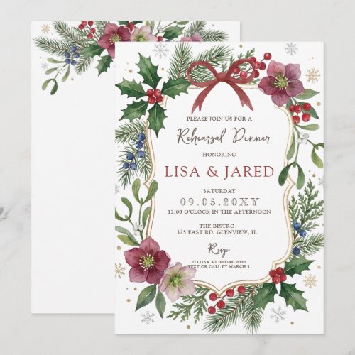 Red Bow Floral Winter Christmas Rehearsal Dinner Invitation