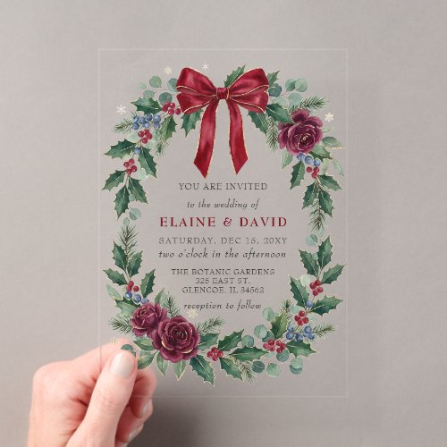 Red Bow Floral Winter Christmas Wedding Acrylic Invitations