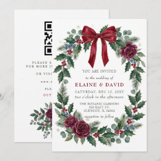 Red Bow Floral Winter Christmas Wedding QR Code Invitation