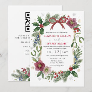 Red Bow Floral Winter Christmas Wedding QR Code Invitation