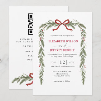 Red Bow Floral Winter Christmas Wedding QR Code Invitation