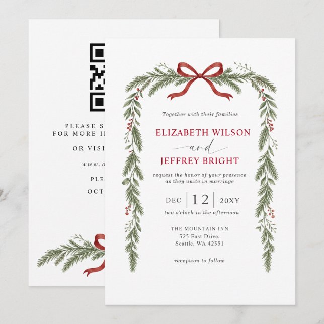 Red Bow Floral Winter Christmas Wedding QR Code Invitation (Front/Back)