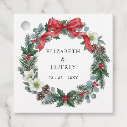 Red Bow Floral Winter Christmas Wreath Wedding Favor Tags