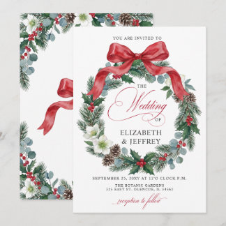 Red Bow Floral Winter Christmas Wreath Wedding Invitation