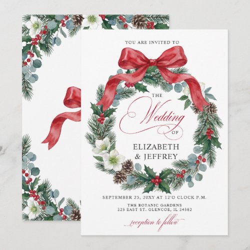 Red Bow Floral Winter Christmas Wreath Wedding Invitation