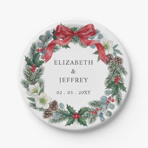 Red Bow Floral Winter Christmas Wreath Wedding Paper Plates