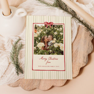 Red Bow Frame Sage Stripes Photo Holiday Card