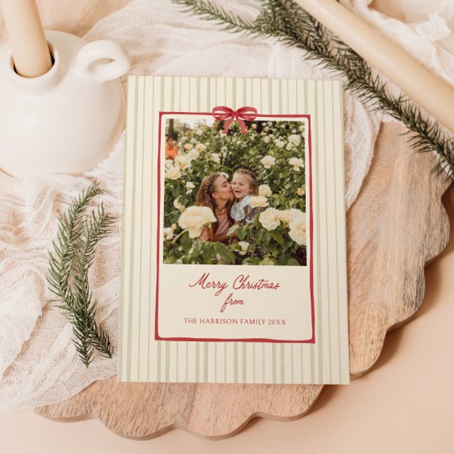 Red Bow Frame Sage Stripes Photo  Holiday Card (Creator Uploaded)