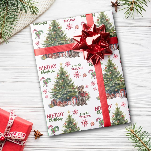 Red Bow German Wirehaired Pointer Dog Holiday Tree Wrapping Paper (Creator Uploaded)