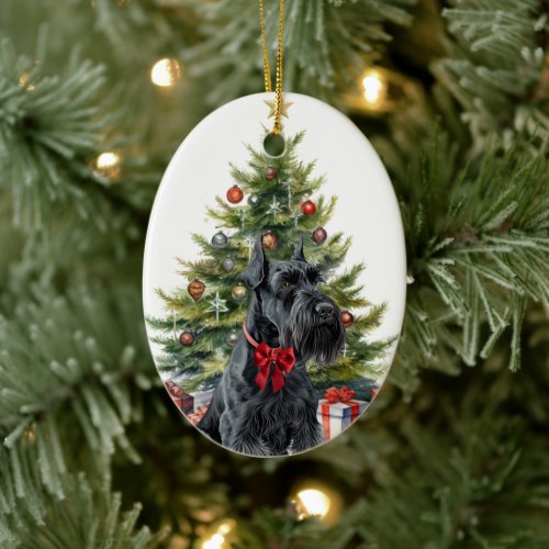 Red Bow Giant Schnauzer Dog Christmas Ceramic Ornament