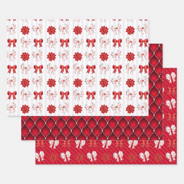 Red Bow & Gift Box Peppermint Christmas Wrapping Paper Sheets (Set)