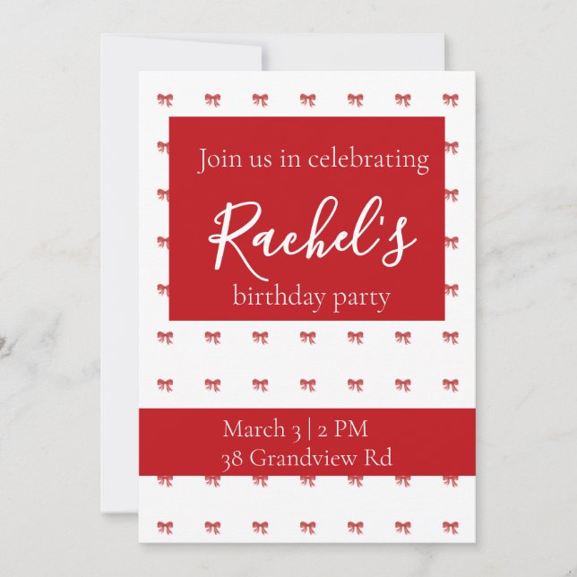 Red Bow Girl Birthday Party  Invitation (Front)