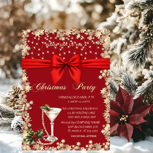 Red Bow,Glass Pearls Stars Red Company Christmas  Invitation