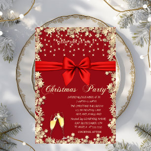 Red Bow,Glass,Stars Red Company Christmas Party Invitation