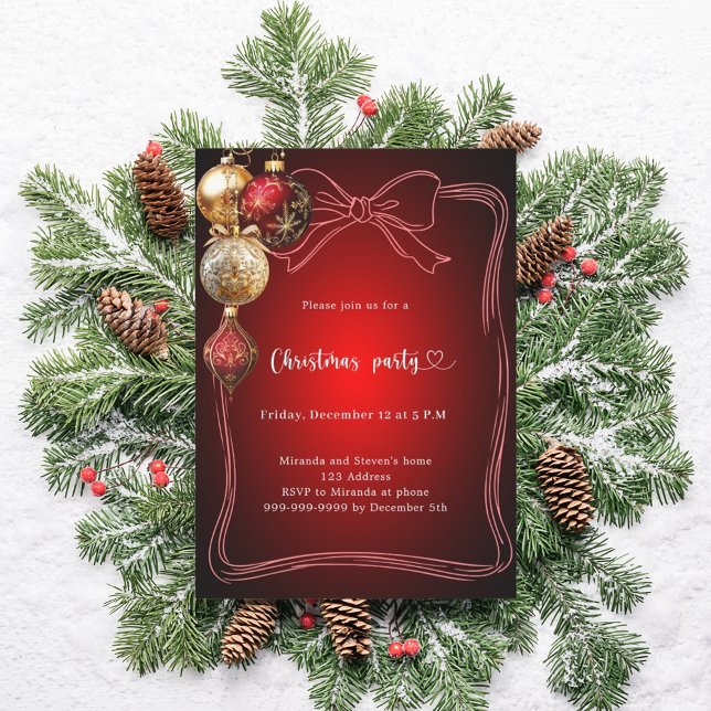 Red bow gold baubles hand-drawn Christmas Party Invitation (Creator Uploaded)