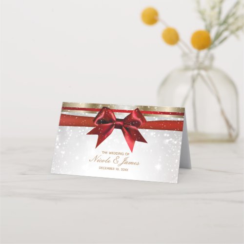 Red Bow Gold White Sparkle Christmas Wedding Place Card