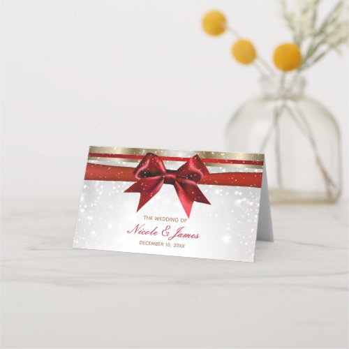 Red Bow Gold White Sparkle Christmas Wedding Place Place Card