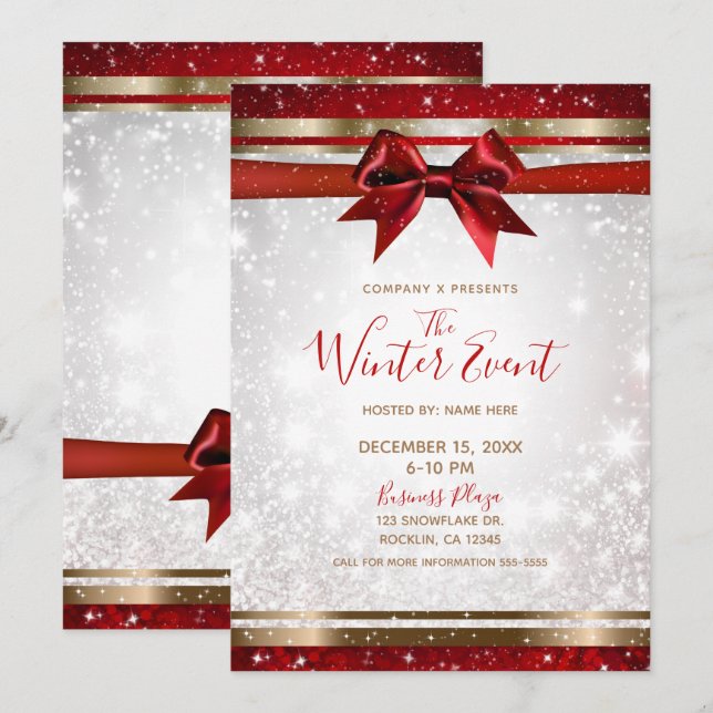 Red Bow & Gold White Sparkle Elegant Holiday Event Invitation (Front/Back)