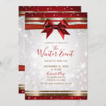 Red Bow & Gold White Sparkle Elegant Holiday Event Invitation
